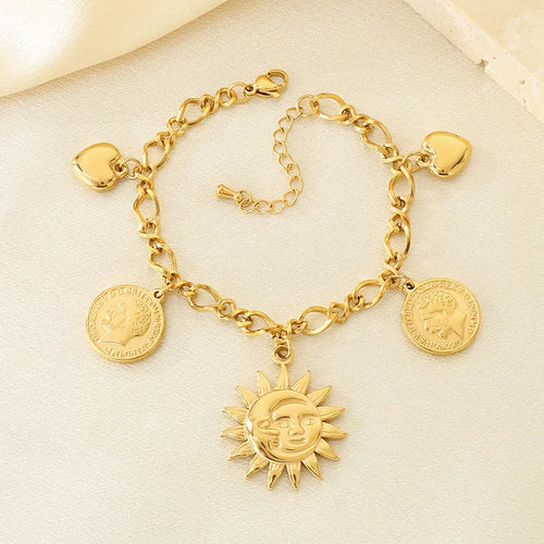 Bracelet femme doré en acier inoxydable 304 – Cœur, soleil, pièce de monnaie