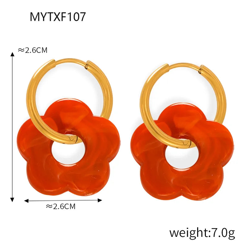 BOUCLE D'OREILLE FLEUR ROUGE ACIER INOXYDABLE ET RESINE